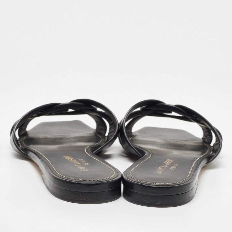 Pre Owned Saint Laurent Black Leather Tribute Flat Slides Size 37.5