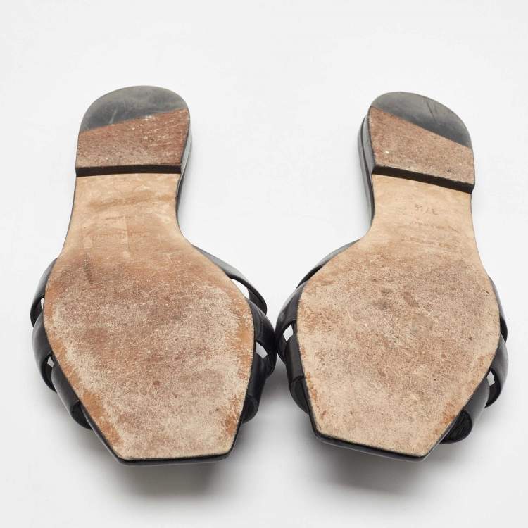Pre Owned Saint Laurent Black Leather Tribute Flat Slides Size 37.5