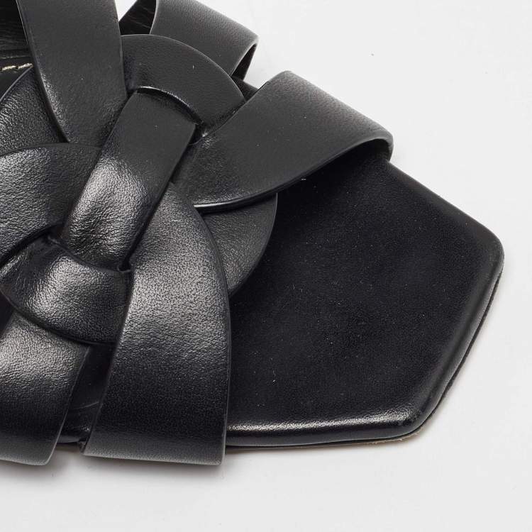 Pre Owned Saint Laurent Black Leather Tribute Flat Slides Size 37.5