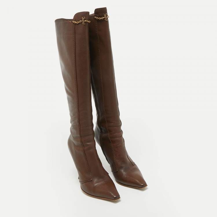 Pre Owned Saint Laurent  Brown Leather Knee Length Boots Size 38