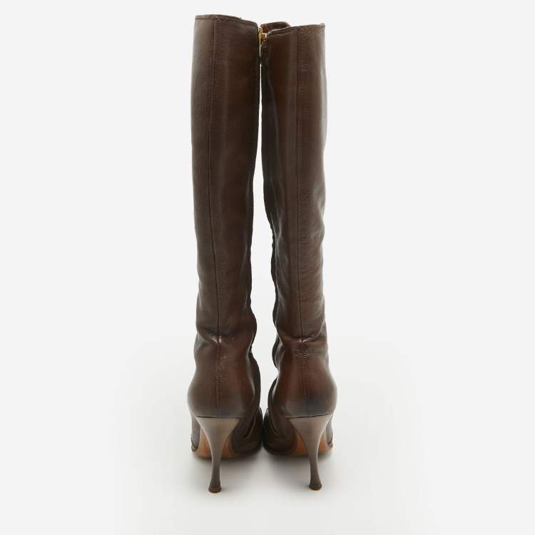 Pre Owned Saint Laurent  Brown Leather Knee Length Boots Size 38