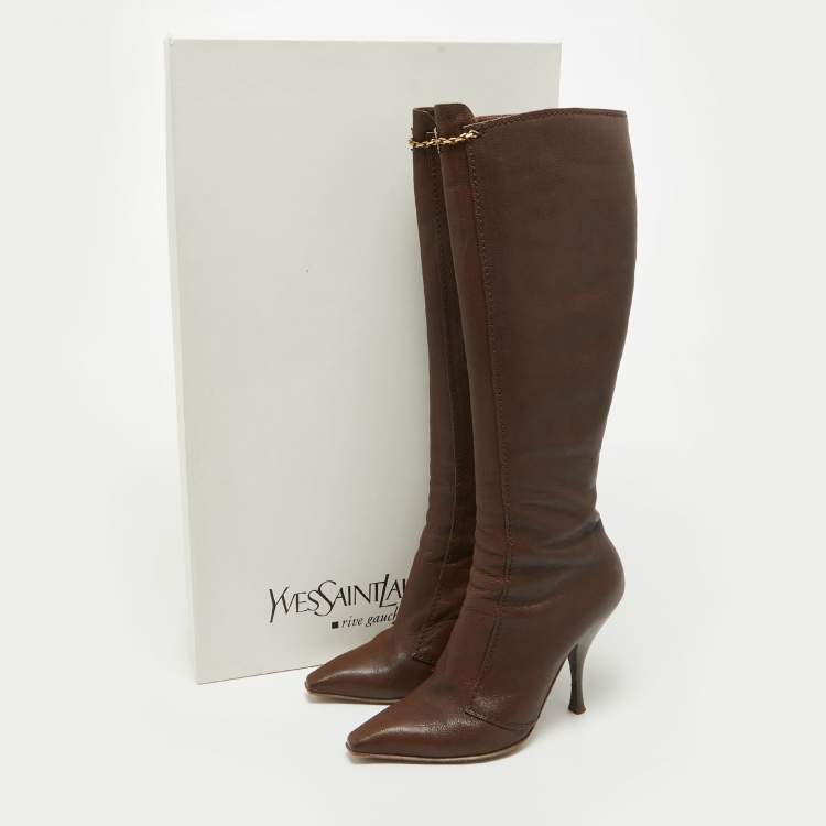 Pre Owned Saint Laurent  Brown Leather Knee Length Boots Size 38