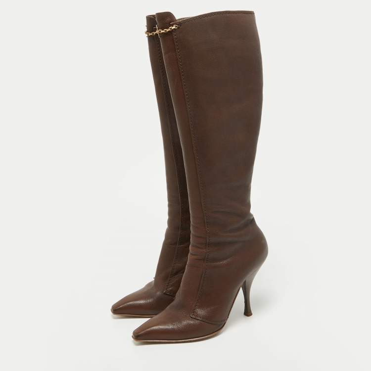 Pre Owned Saint Laurent  Brown Leather Knee Length Boots Size 38