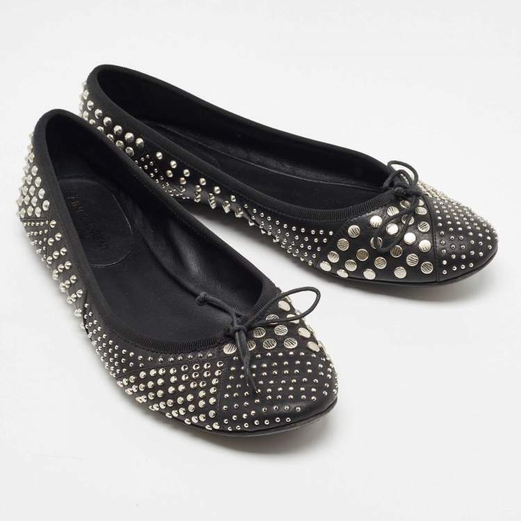 Pre Owned Saint Laurent Black Leather Studded Ballet Flats Size 38
