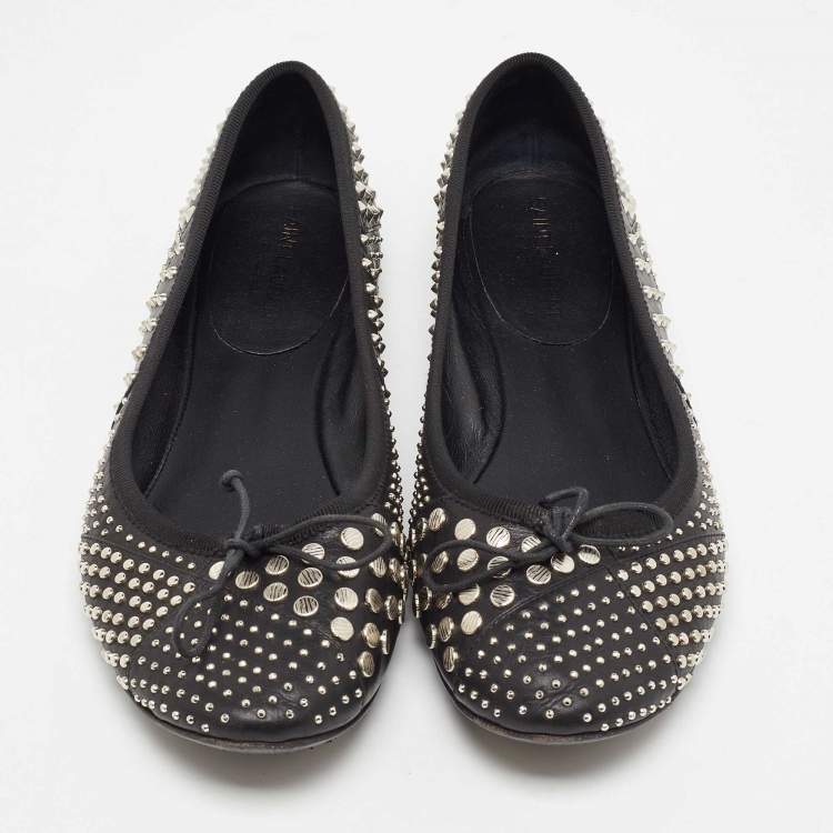 Pre Owned Saint Laurent Black Leather Studded Ballet Flats Size 38