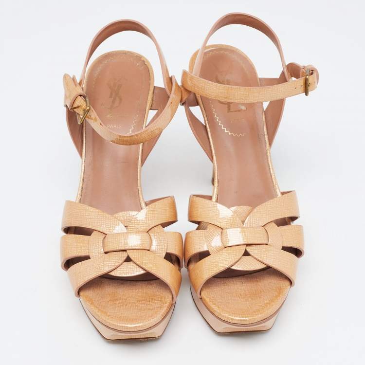 Pre Owned Saint Laurent Brown Patent Tribute Sandals Size 36