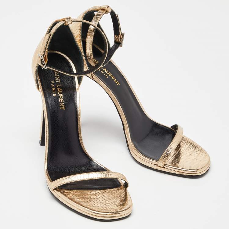 مملوكة مسبقًا Saint Laurent Metallic Gold Lizard Embossed Leather Jane Ankle-Strap Sandals Size 38