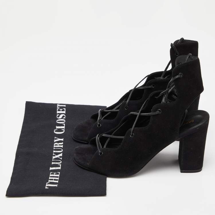 Pre Owned Saint Laurent Black Suede Lace Up Block Heel Sandals Size 38
