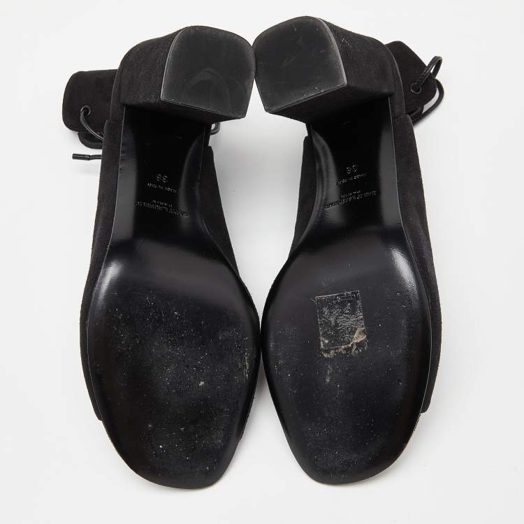 Pre Owned Saint Laurent Black Suede Lace Up Block Heel Sandals Size 38
