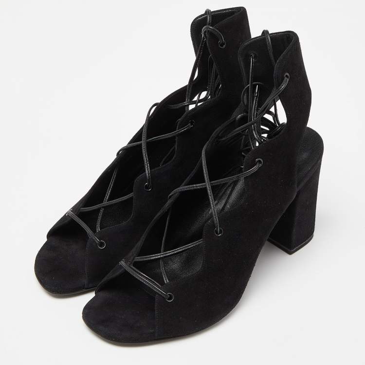 Pre Owned Saint Laurent Black Suede Lace Up Block Heel Sandals Size 38