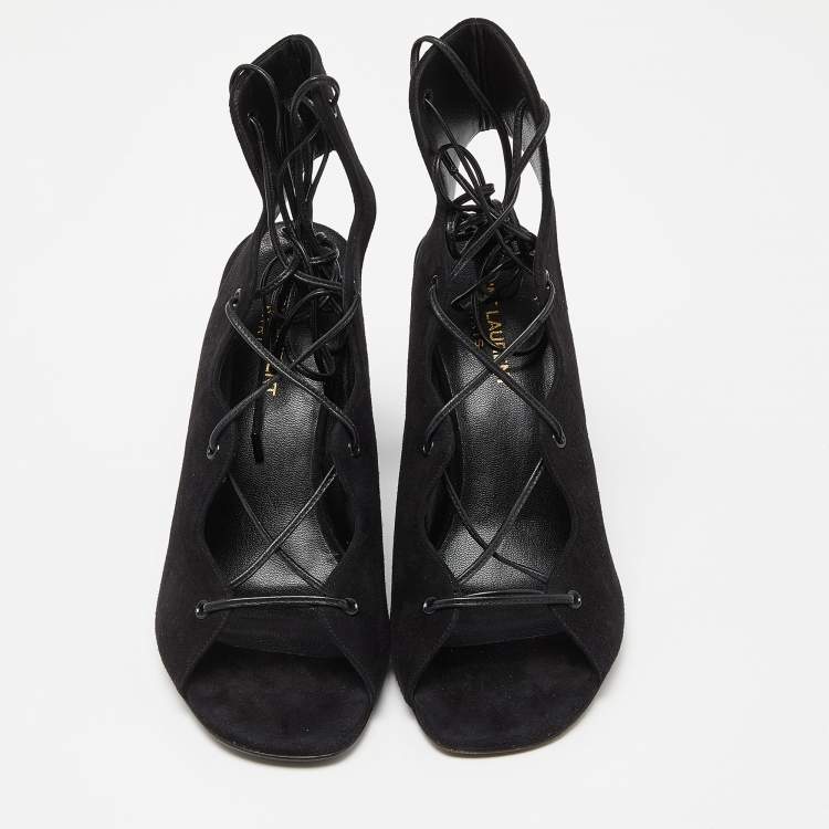 Pre Owned Saint Laurent Black Suede Lace Up Block Heel Sandals Size 38