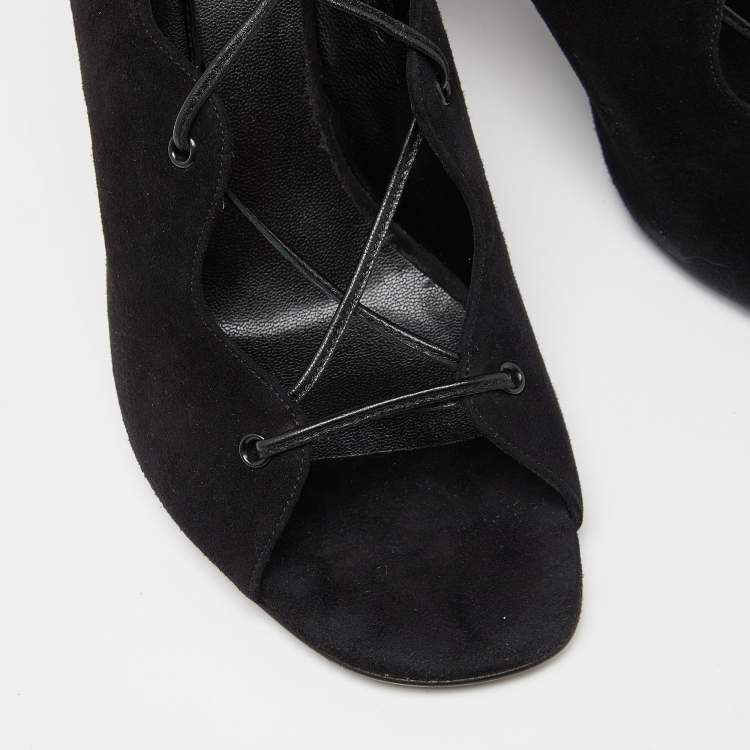 Pre Owned Saint Laurent Black Suede Lace Up Block Heel Sandals Size 38
