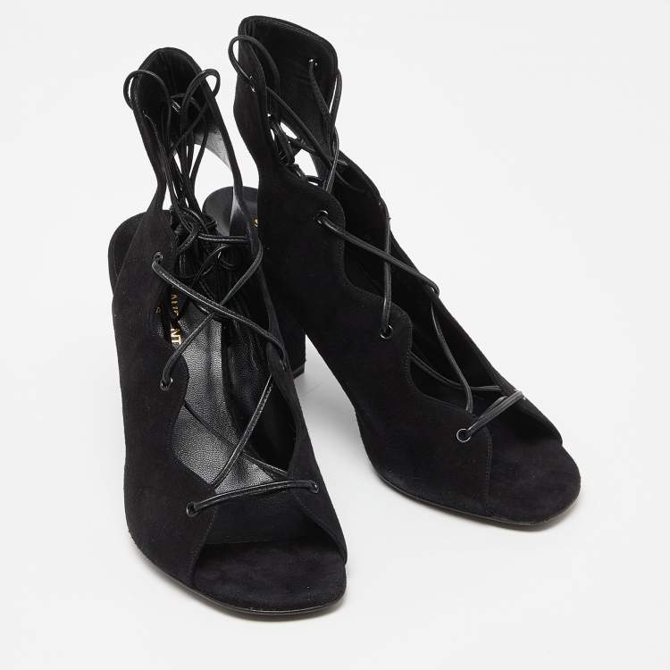 Pre Owned Saint Laurent Black Suede Lace Up Block Heel Sandals Size 38