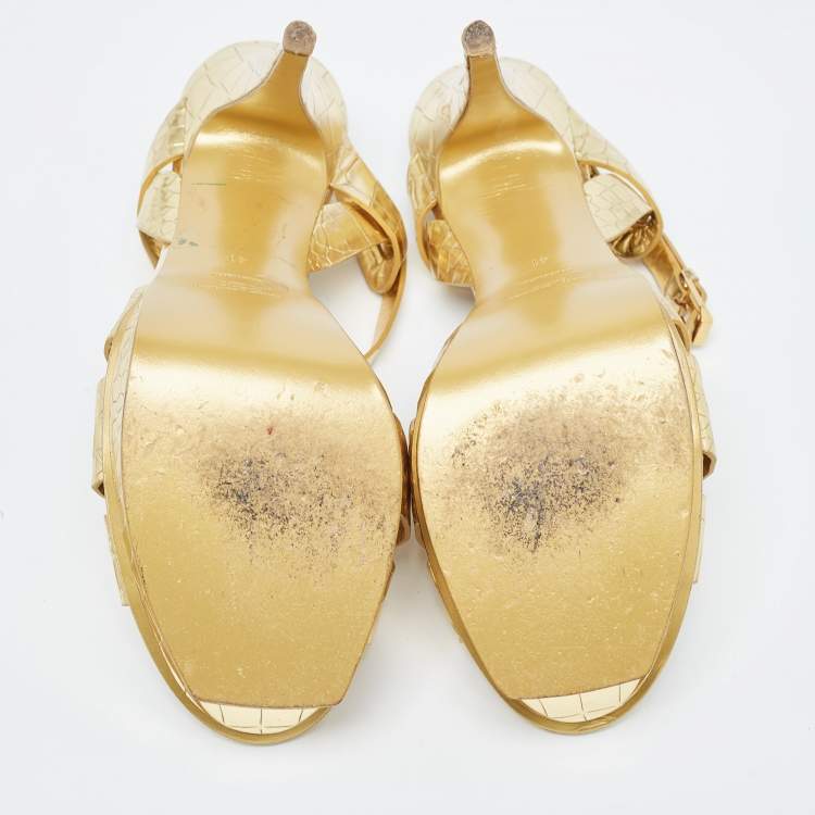 Pre Owned Saint Laurent Gold Croc Embossed Leather Tribute Sandals Size 41