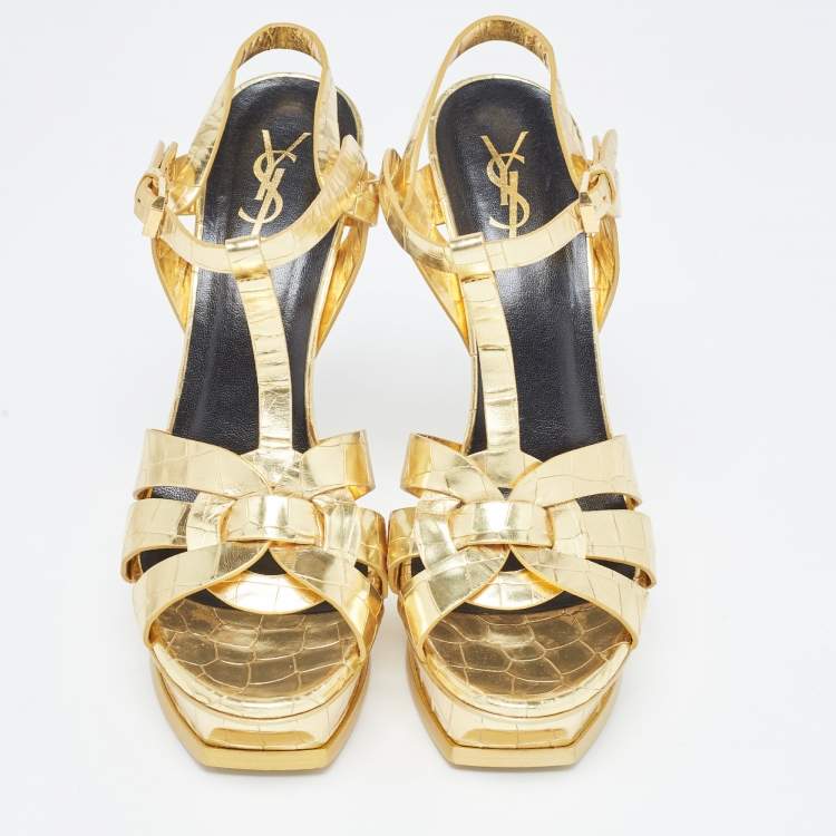 Pre Owned Saint Laurent Gold Croc Embossed Leather Tribute Sandals Size 41