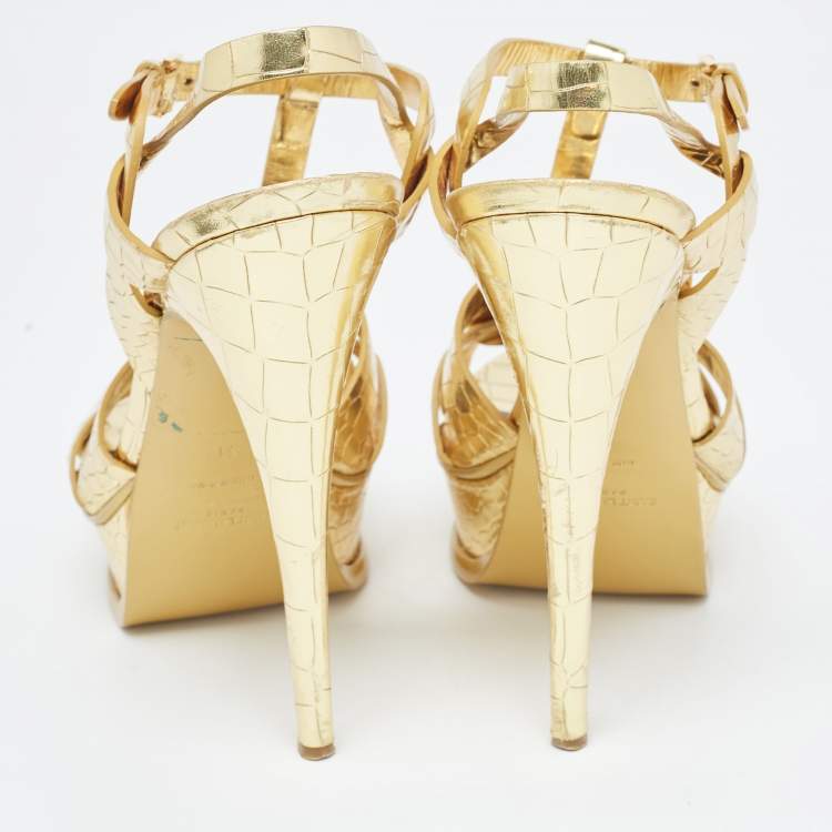 Pre Owned Saint Laurent Gold Croc Embossed Leather Tribute Sandals Size 41