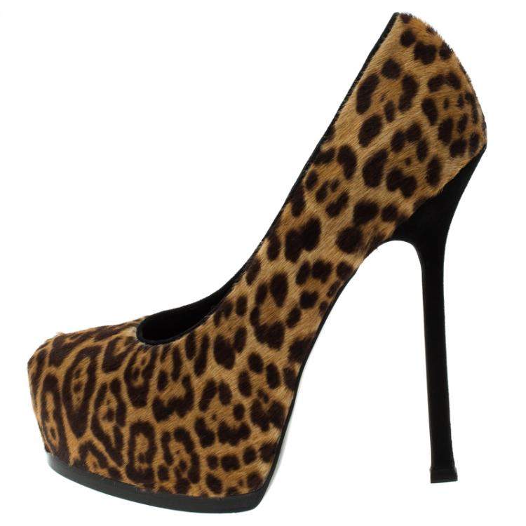Pre Owned Saint Laurent Paris Leopard Print Pony Hair Tribtoo Platform Pumps Size 38