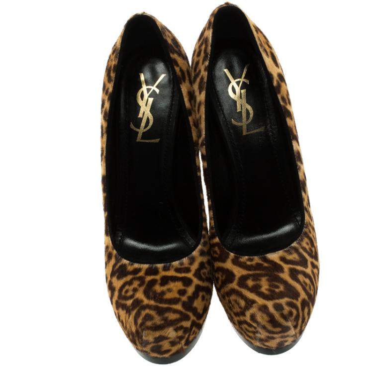 Pre Owned Saint Laurent Paris Leopard Print Pony Hair Tribtoo Platform Pumps Size 38