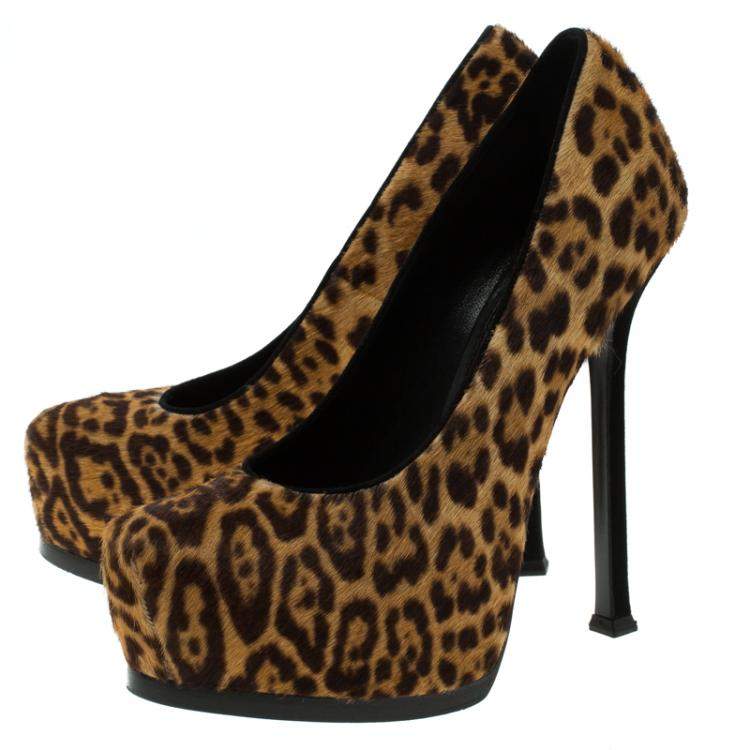 Pre Owned Saint Laurent Paris Leopard Print Pony Hair Tribtoo Platform Pumps Size 38