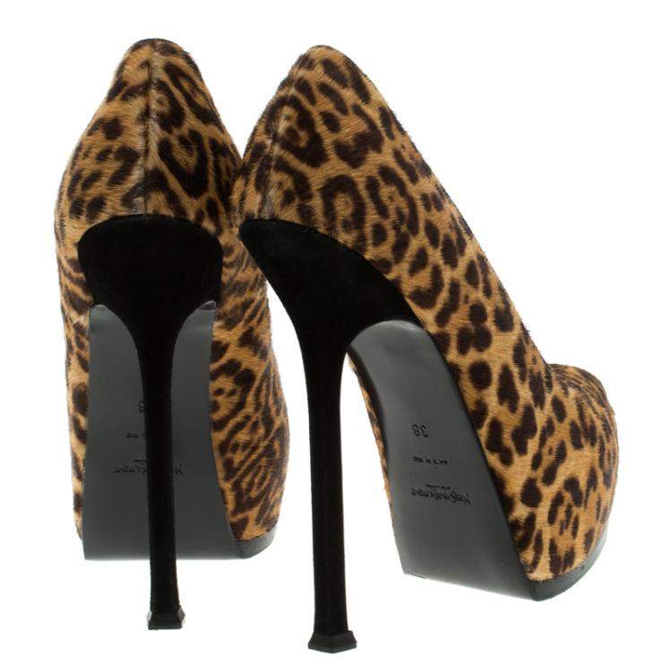 Pre Owned Saint Laurent Paris Leopard Print Pony Hair Tribtoo Platform Pumps Size 38