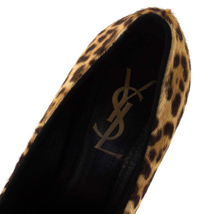 Pre Owned Saint Laurent Paris Leopard Print Pony Hair Tribtoo Platform Pumps Size 38