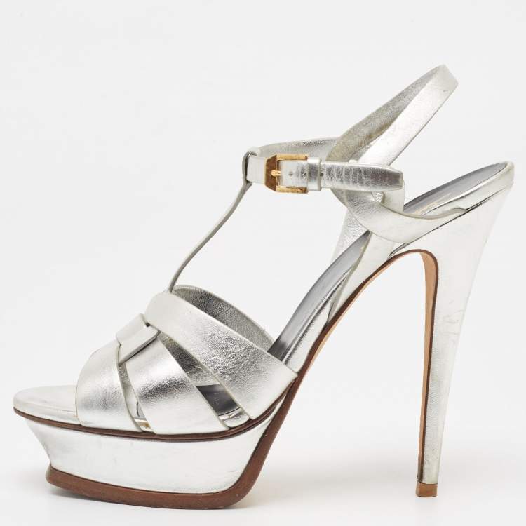 Saint Laurent Silver Leather Tribute Sandals Size 38.5 Saint