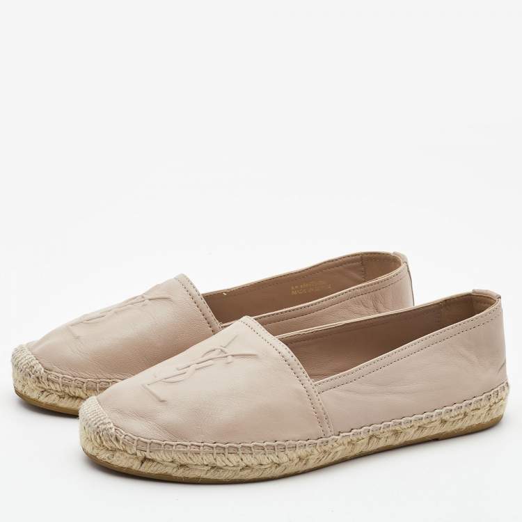 Pre Owned Saint Laurent Beige Leather Logo Espadrille Flats Size 36