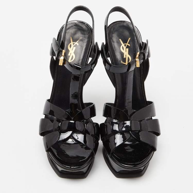 Pre Owned Saint Laurent Black Patent Leather Tribute Ankle Strap Sandals Size 37