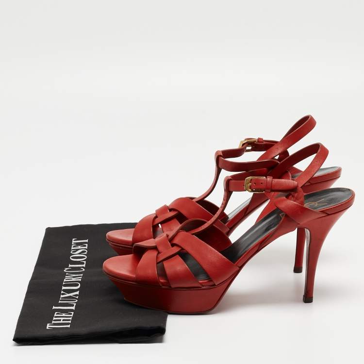 Pre Owned Saint Laurent Red Leather Tribute Sandals Size 40