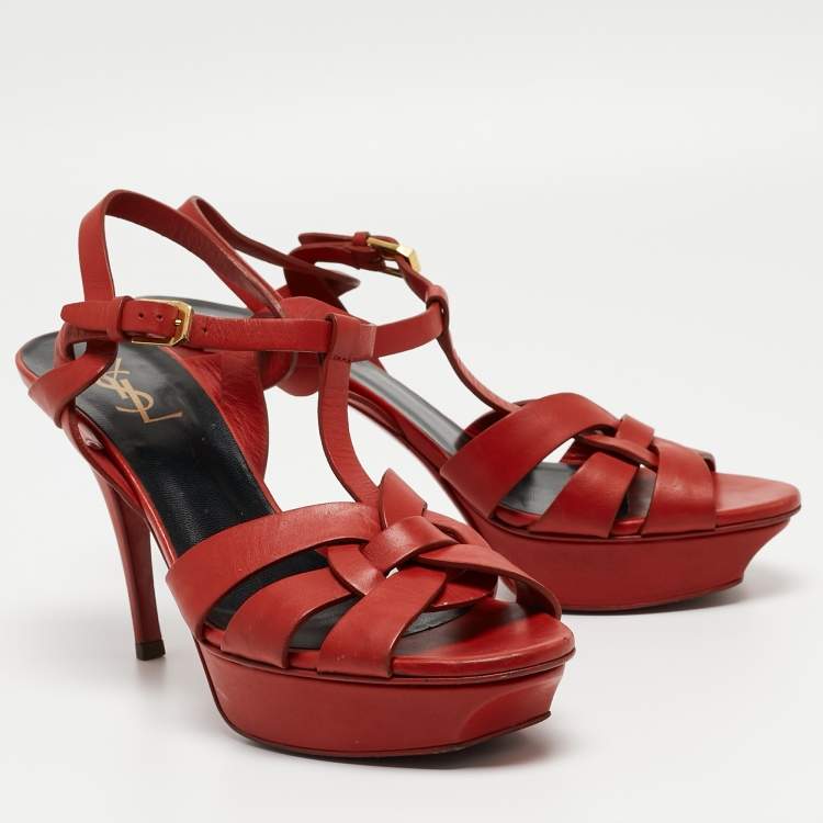 Pre Owned Saint Laurent Red Leather Tribute Sandals Size 40