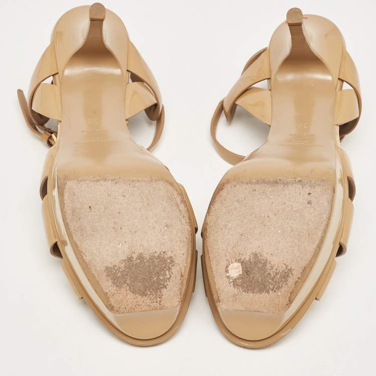 Pre Owned Saint Laurent Brown Patent Leather Tribute Sandals Size 38