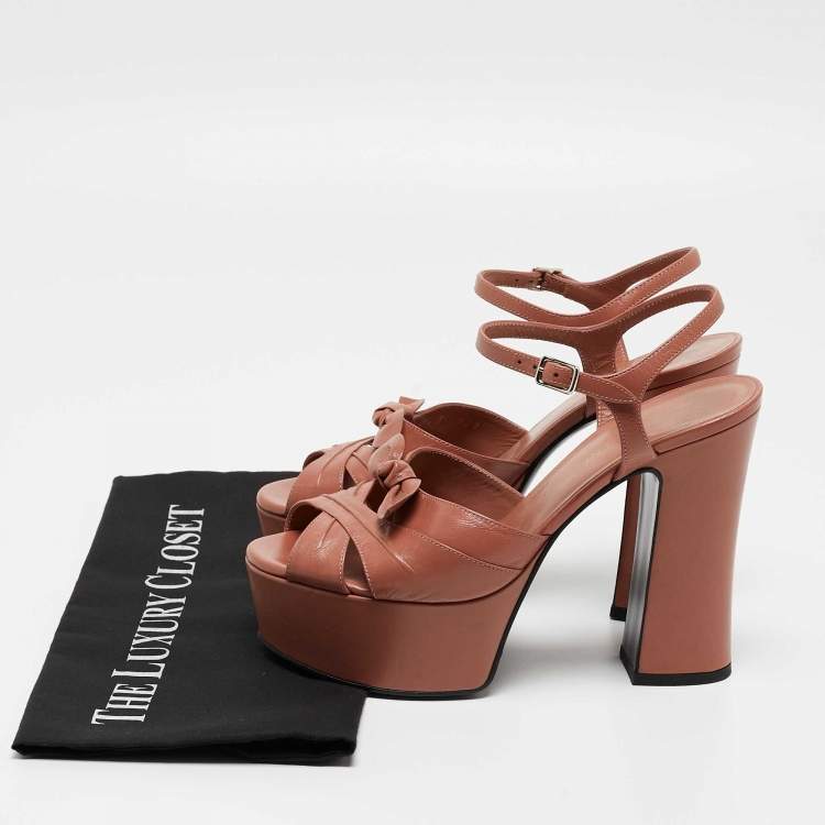 Pre Owned Saint Laurent Pink Leather Candy Bow Ankle Strap Sandals Size 37