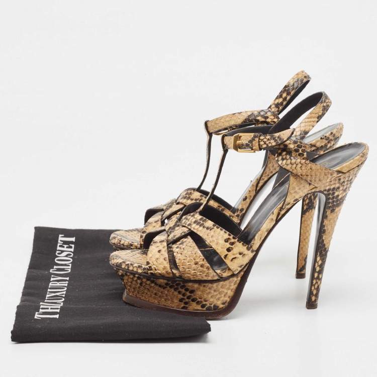 Pre Owned Saint Laurent Two Tone Embossed Snakeskin Tribute Sandals Size 36.5