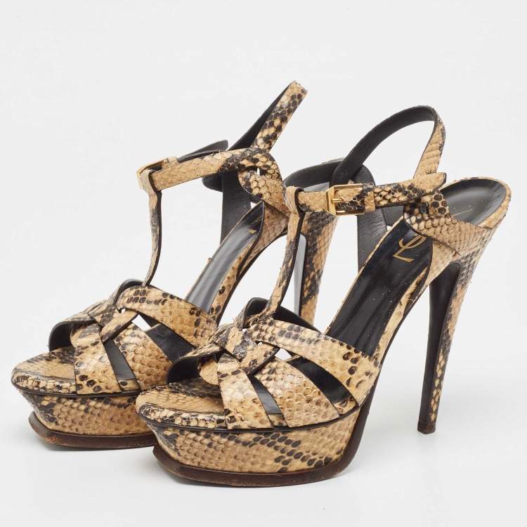 Pre Owned Saint Laurent Two Tone Embossed Snakeskin Tribute Sandals Size 36.5