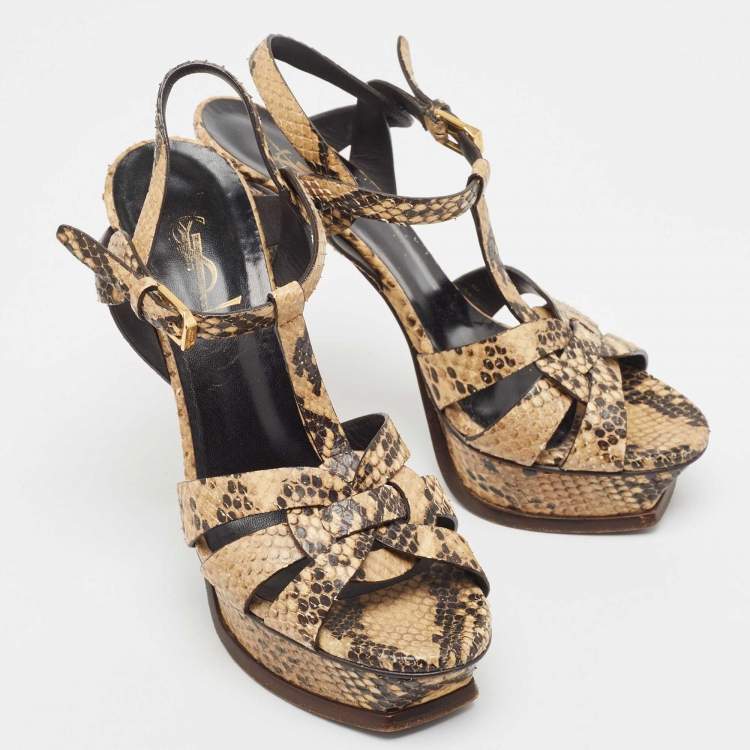 Pre Owned Saint Laurent Two Tone Embossed Snakeskin Tribute Sandals Size 36.5