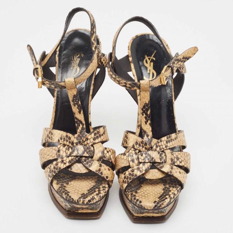 Pre Owned Saint Laurent Two Tone Embossed Snakeskin Tribute Sandals Size 36.5