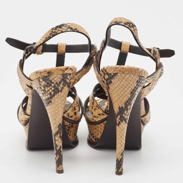 Pre Owned Saint Laurent Two Tone Embossed Snakeskin Tribute Sandals Size 36.5