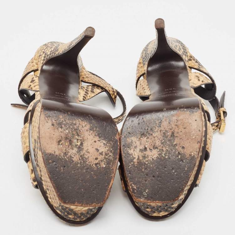Pre Owned Saint Laurent Two Tone Embossed Snakeskin Tribute Sandals Size 36.5