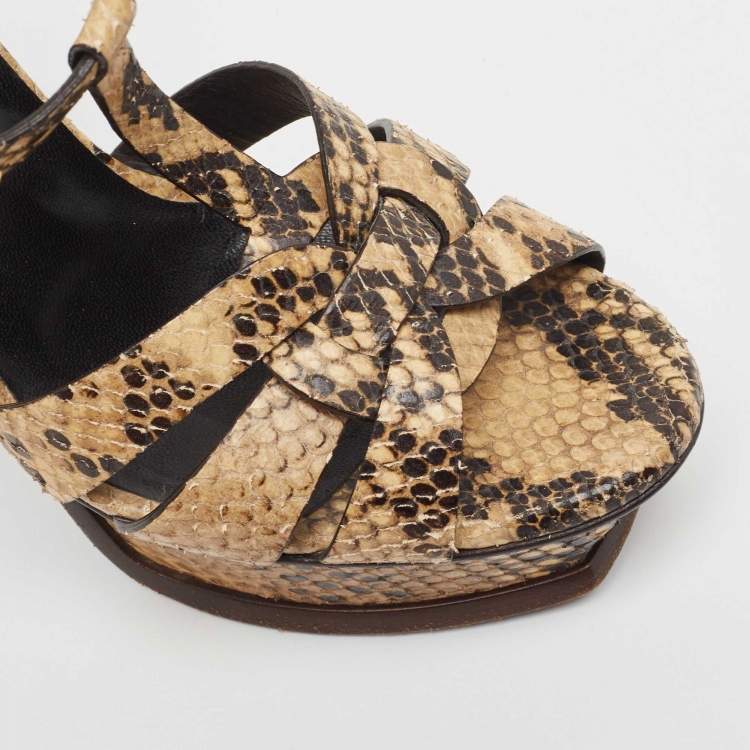 Pre Owned Saint Laurent Two Tone Embossed Snakeskin Tribute Sandals Size 36.5
