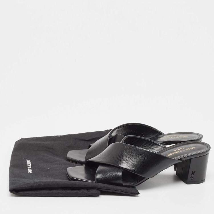 Pre Owned Saint Laurent Black Leather Loulou Cross Strap Block Heel Sandals Size 39.5