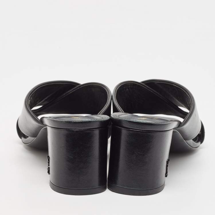 Pre Owned Saint Laurent Black Leather Loulou Cross Strap Block Heel Sandals Size 39.5