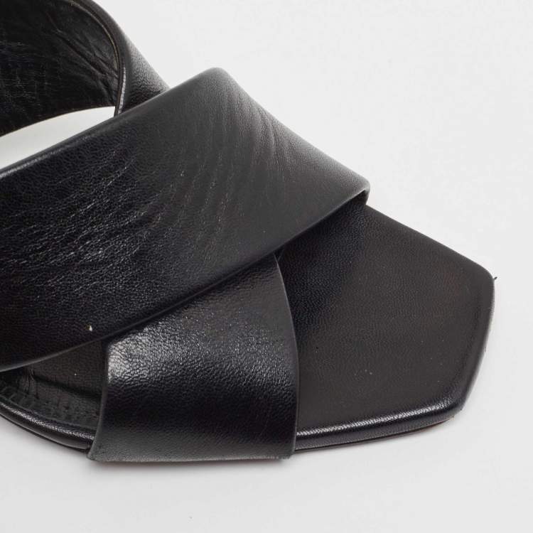 Pre Owned Saint Laurent Black Leather Loulou Cross Strap Block Heel Sandals Size 39.5