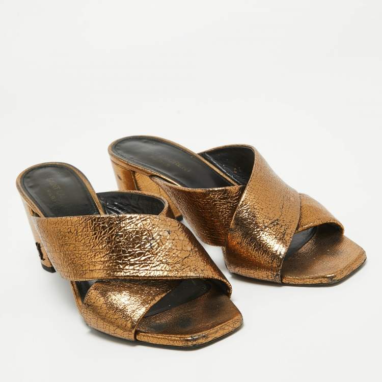 Pre Owned Saint Laurent Metallic Leather LouLou Slide Sandals Size 39