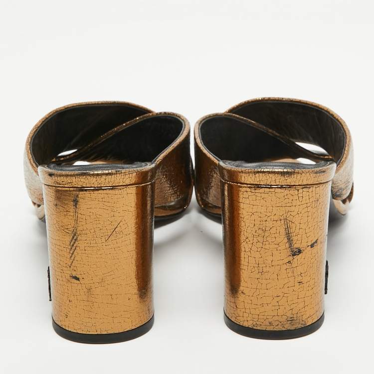 Pre Owned Saint Laurent Metallic Leather LouLou Slide Sandals Size 39