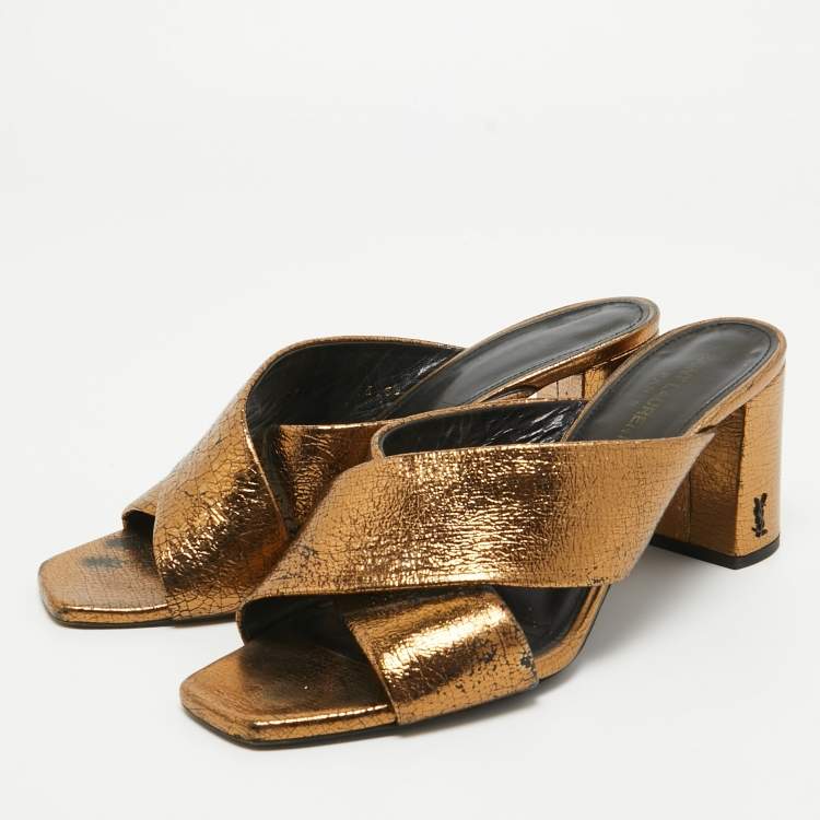 Pre Owned Saint Laurent Metallic Leather LouLou Slide Sandals Size 39