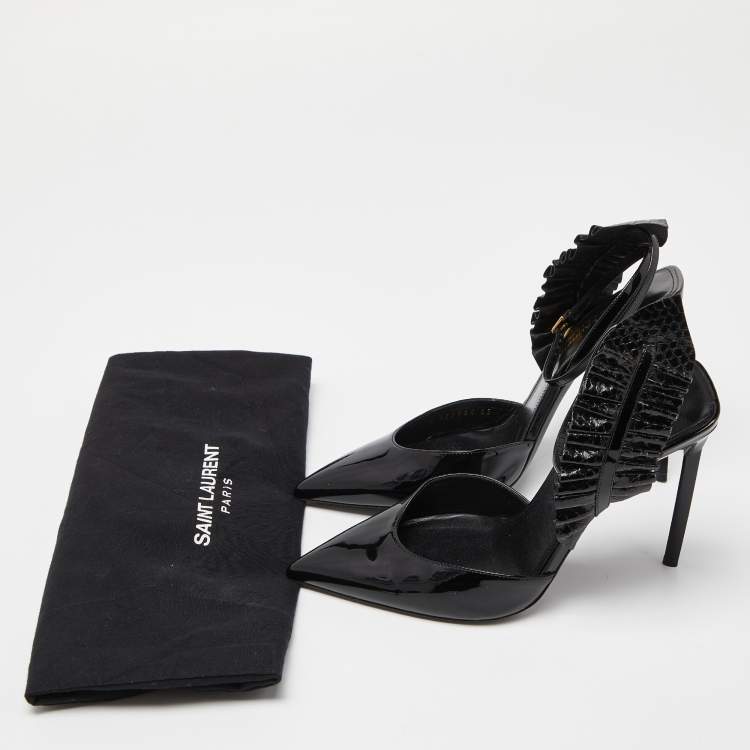Pre Owned Saint Laurent Black Patent Leather and Watersnake Leather Pointed Toe Slingback Sandals Size 39