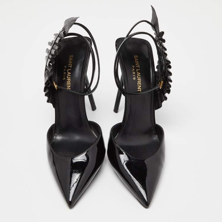 Pre Owned Saint Laurent Black Patent Leather and Watersnake Leather Pointed Toe Slingback Sandals Size 39
