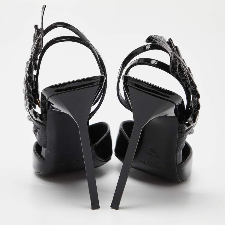 Pre Owned Saint Laurent Black Patent Leather and Watersnake Leather Pointed Toe Slingback Sandals Size 39
