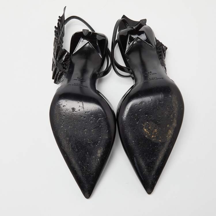 Pre Owned Saint Laurent Black Patent Leather and Watersnake Leather Pointed Toe Slingback Sandals Size 39