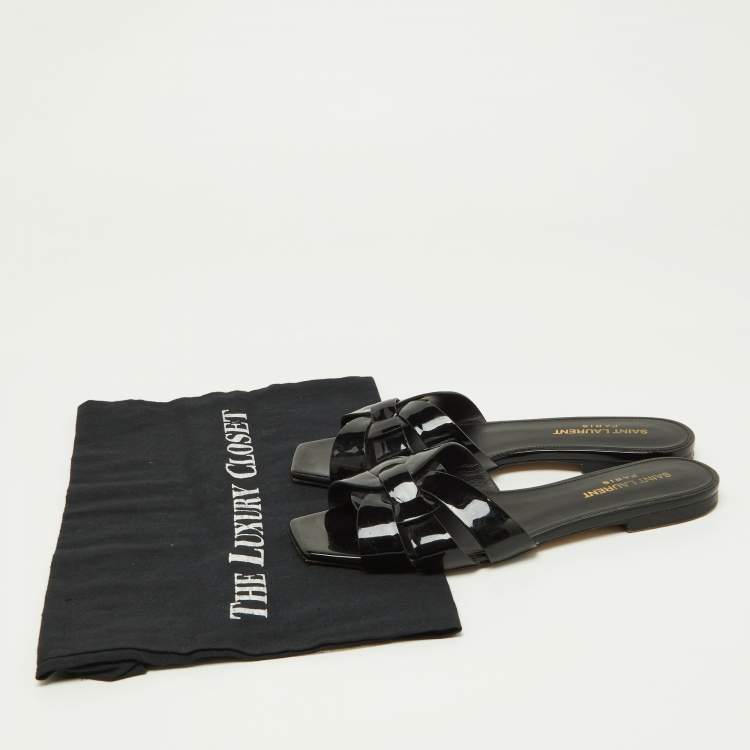 Pre Owned Saint Laurent Black Patent Leather Tribute Flat Slides Size 36